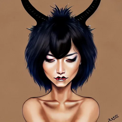 Image similar to illustrated realistic portrait of ram-horned devil woman with blue bob hairstyle and her tan colored skin and with solid black eyes wearing leather by rossdraws