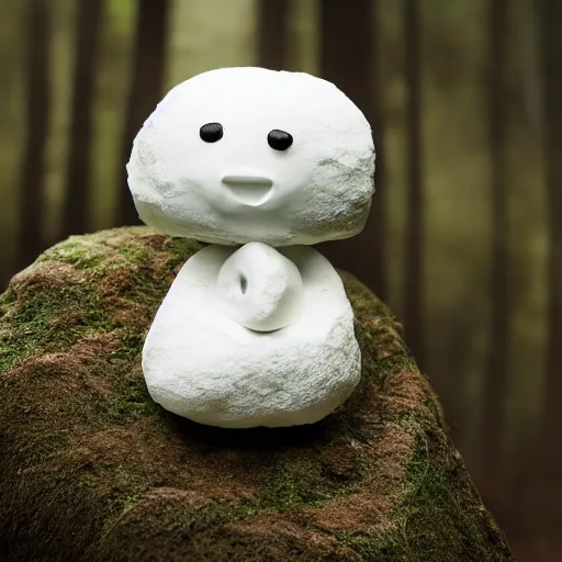 Image similar to Realistic Cute Marshmallow in the forest sitting on a rock crying sad, raining, movie shot, studio shot, studio lighting, 8k