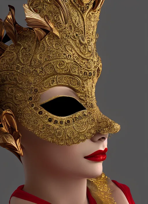 Image similar to closeup of a beautiful woman in an ornate Venice Carnival Mask, perfect face and perfect proportions, 8K, octane render, 8K,