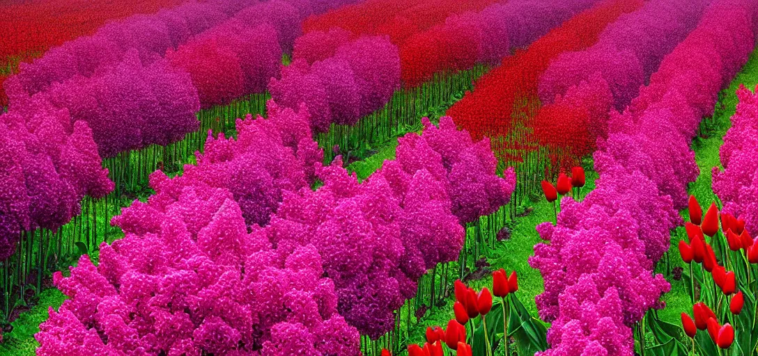 Image similar to Red lilacs and tulip paradise, lush, flowers, scenic, godrays, 4k, 8k, trending on artstation