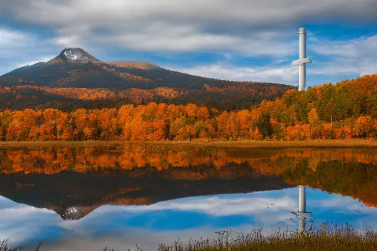 Image similar to a mountain with a radio tower next to a pond, autumn hills in background. telephoto lens photography.