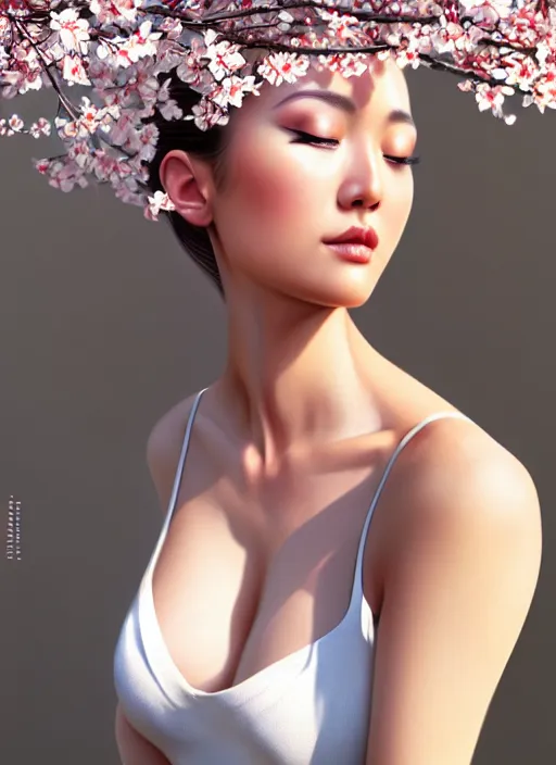 Image similar to photo of a gorgeous female in the style of stefan kostic, realistic, half body shot, sharp focus, 8 k high definition, insanely detailed, intricate, elegant, art by stanley lau and artgerm, extreme blur cherry blossoms background