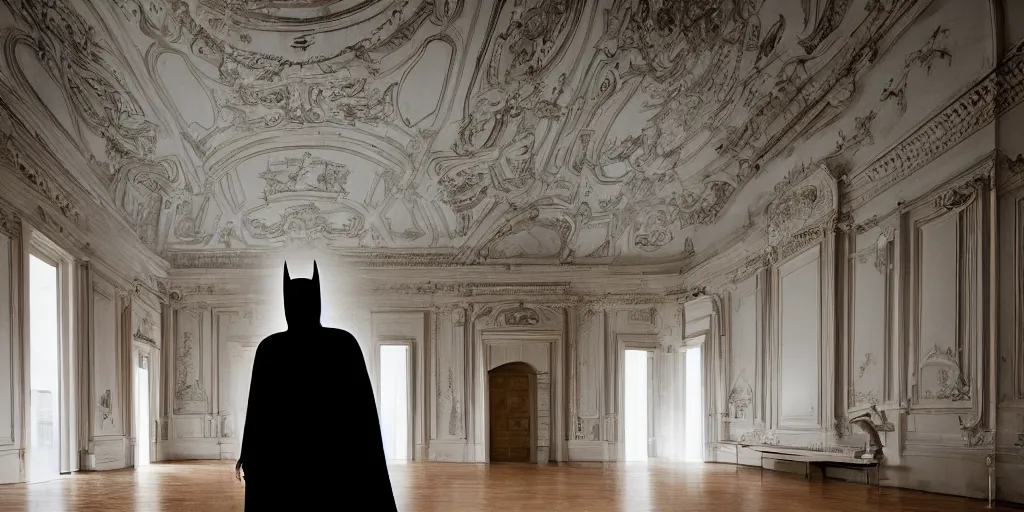 Image similar to Batman standing in giant Italian modern castle living room, clean minimalist design, that is 1300 feet tall, with very tall giant walls filled with modern art paintings, doors that are cosmic portals, photo by Annie Leibovitz