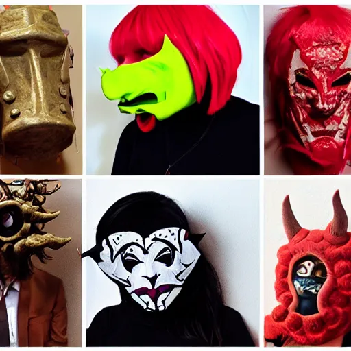 Prompt: surrealist masks, ethnographic photo, homestuck cosplayers, demonic cryptid
