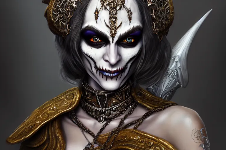 Image similar to a full portrait of a beautiful woman wearing, wearing extremely detailed attire, slim complexity, extremely detailed white eyes, medievil, dnd, extremely detailed, high quality, trending on artstation, photo realistic