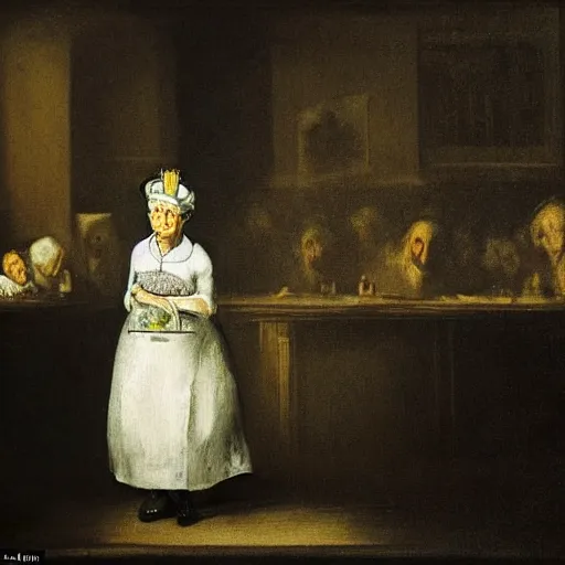 Image similar to queen elizabeth as an old dinner lady in a run down inner city london school, dark and depressing, by goya and hogarth