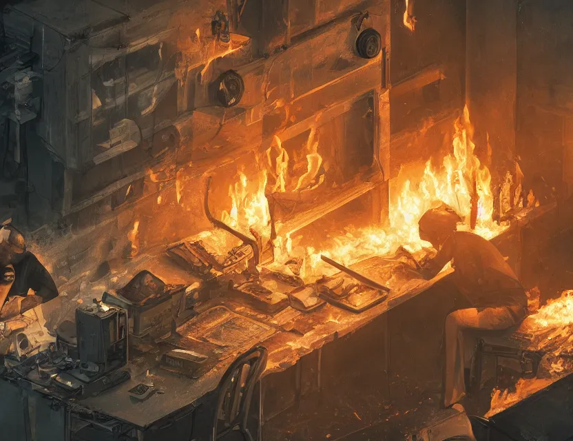 Image similar to a man works at a workstation in a very hot office with burning fires, close up, featured in artstation, intricate, ultra detailed, concept art, wide - angle lens, unreal engine, sharp focus, illustration, 8 k