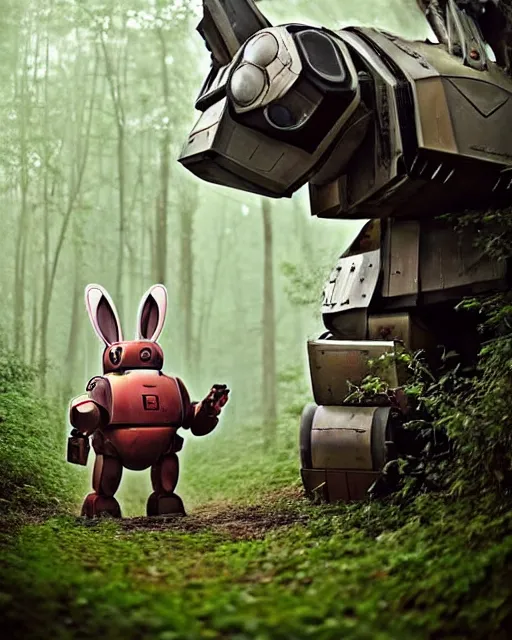 Image similar to epic chase!!!giant oversized battle rabbit robot chubby fat mech with big ears as battle mecha rabbit robot weapon fiat 126p , in jungle forest !!! , full body , Cinematic focus, Polaroid photo, vintage , neutral dull colors, foggy mist ,by oleg oprisco , by victor enrich , by gregory crewdson , by discovery channel