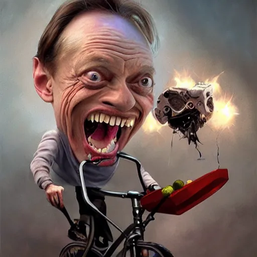 Image similar to hyper realistic absurd, silly, making insane faces, steve buscemi riding a tiny tricycle, painted by greg rutkowski, wlop, artgerm