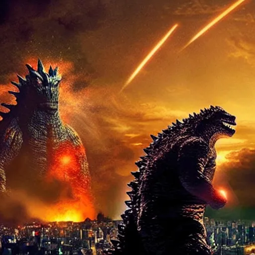 Image similar to meteor colliding with tokyo with godzilla watching