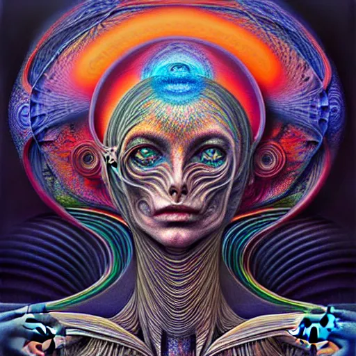 Prompt: Schwellenerfahrung in der Auflösung durch LSD, a intricate psychedelic painting, hyperdimensional, alex grey, HR Giger, peter mohrbacher