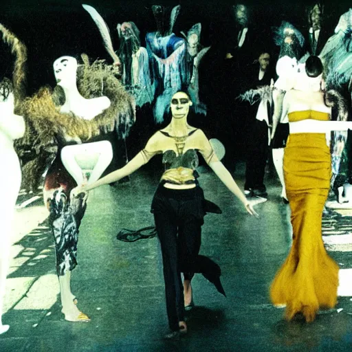 Prompt: 3 5 mm color photography, joel - peter witkin, beksinski, and stephen gammell, vogue shoot video still of giallo fashion show