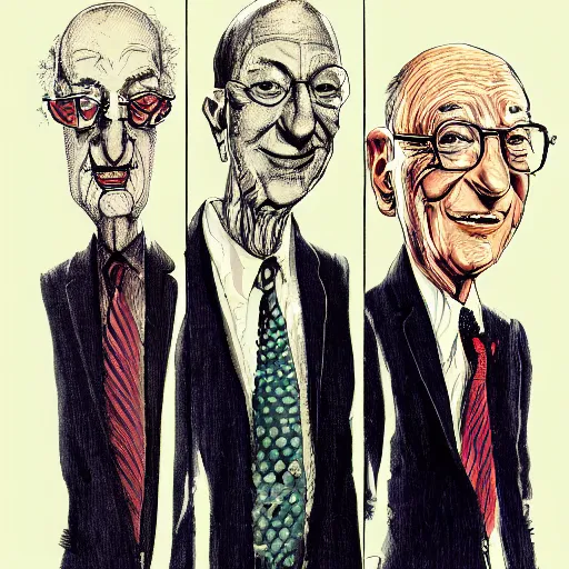 Image similar to Jacob Rothschild and george soros and bill gates and Klaus Schwab by Ralph Steadman, dollar bills, body horror, evil, scribbles biopunk, 8k , trending on artstation