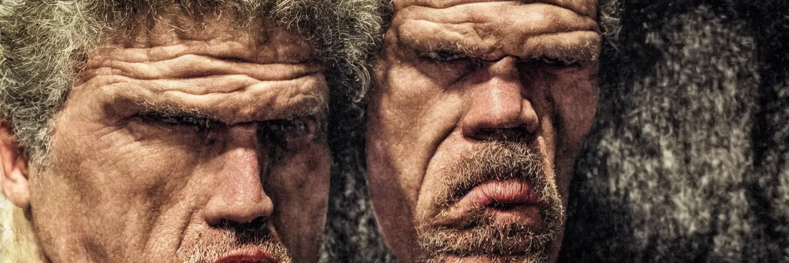 Prompt: dark and menacing extreme close up portrait of ron perlman by gustav klimt, grim, attitude, shadows, angry eyes, extremely lifelike and realistic, western