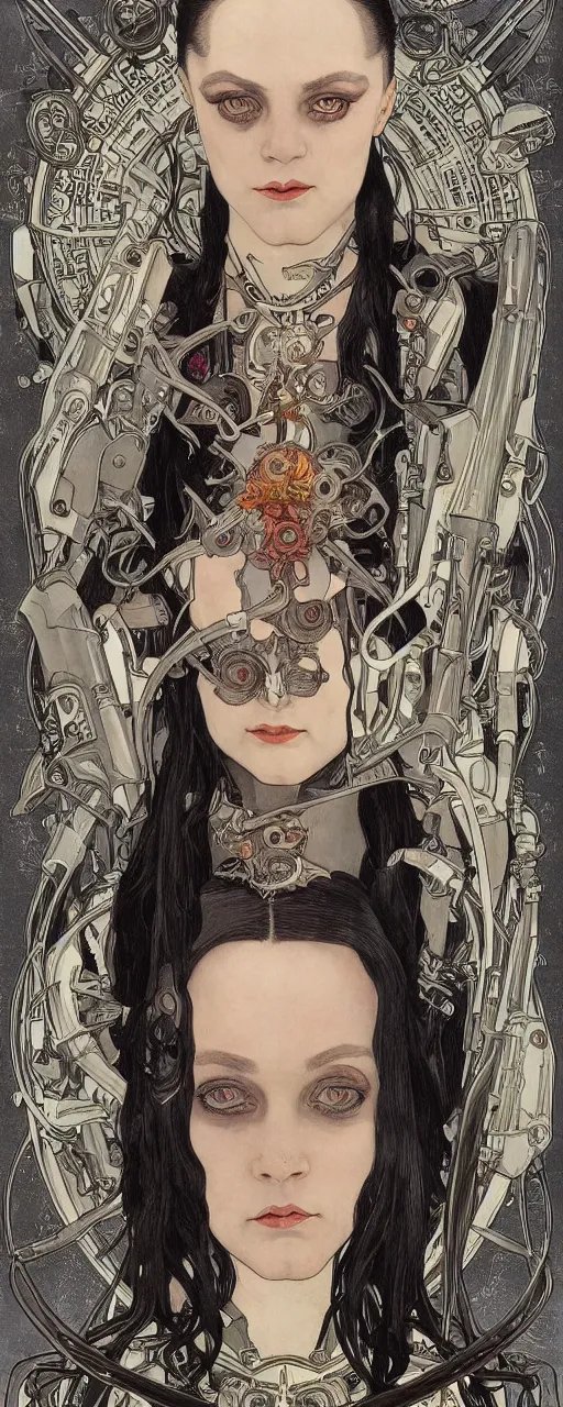 Image similar to beautiful stunning sci - fi art nouveau portrait of wednesday addams as a heavy metal industrial crustpunk rebel soldier by michael kaluta, moebius and alphonse mucha, photorealism, extremely hyperdetailed, perfect symmetrical facial features, perfect anatomy, ornate declotage, weapons, circuitry, high technical detail, determined expression, piercing gaze