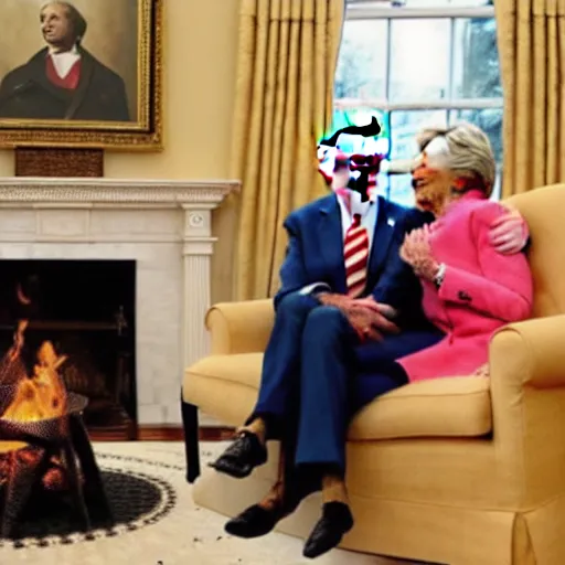 Image similar to joe biden cuddling on a loveseat with hillary clinton next to a cozy fire while they watch a pelican in a top hat do a funny jig in front of them