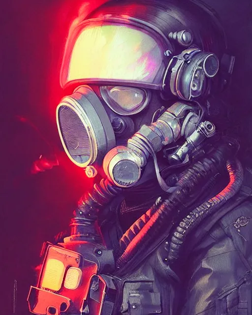 Prompt: detailed portrait neon female swat officer flying a jet, cyberpunk futuristic, neon, gas mask, reflective puffy coat, decorated with traditional japanese by ismail inceoglu dragan bibin hans thoma greg rutkowski alexandros pyromallis nekro rene margitte, fire & smoke, illustrated, perfect face, fine details, realistic shaded, fine - face, pretty face