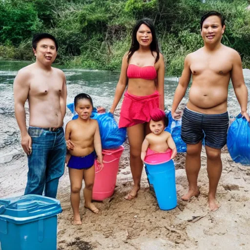 Prompt: marcos family swimming in garbage