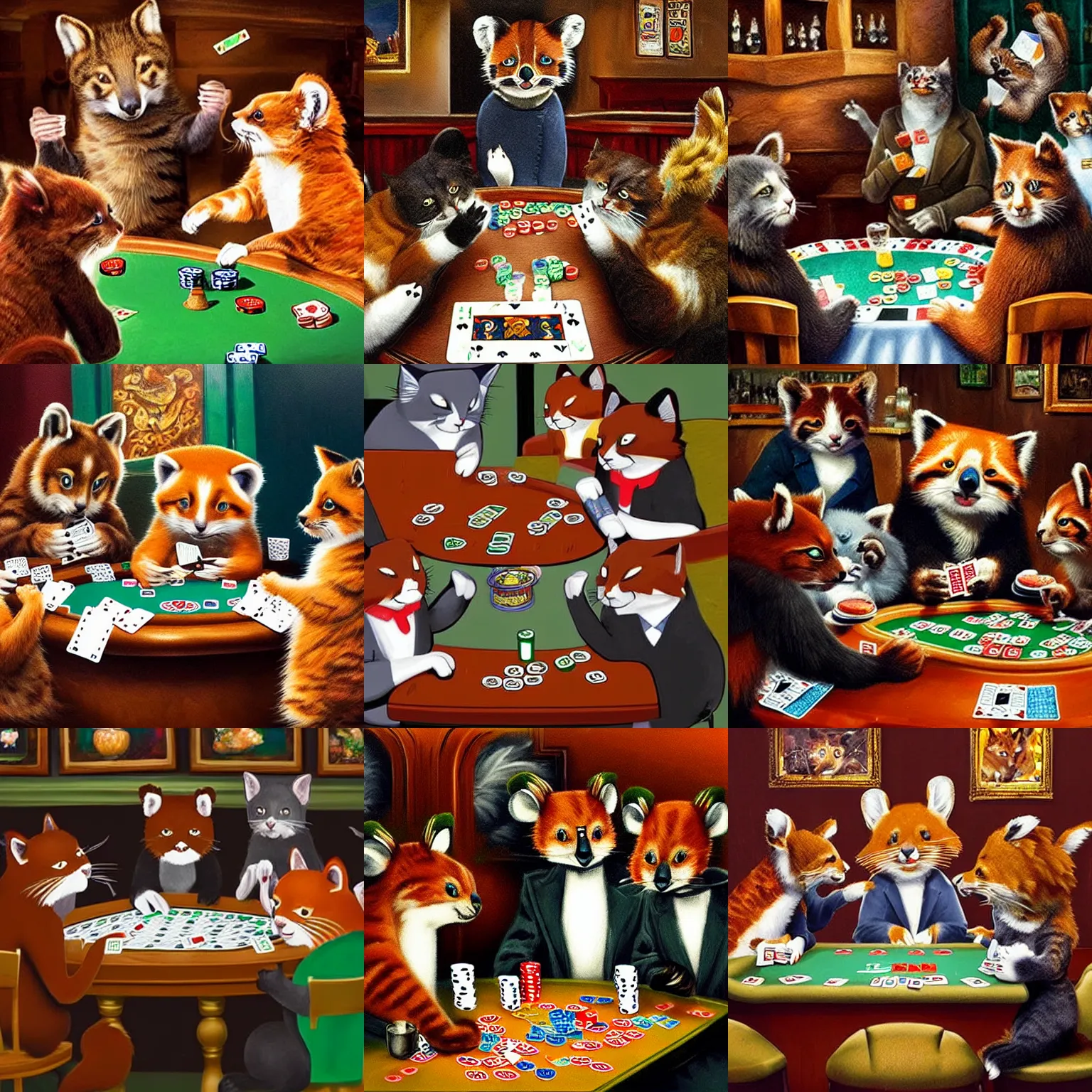 Prompt: cats playing poker in an irish pub while a blues band of red pandas plays in the background next to a wasted drunk koala