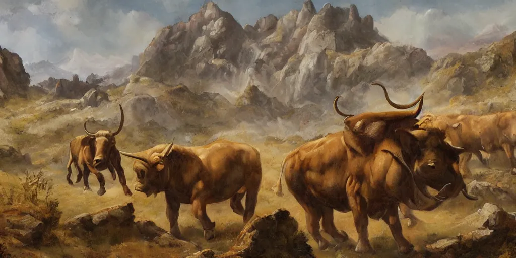 Prompt: painting of minotaurs travelling through craggy highlands