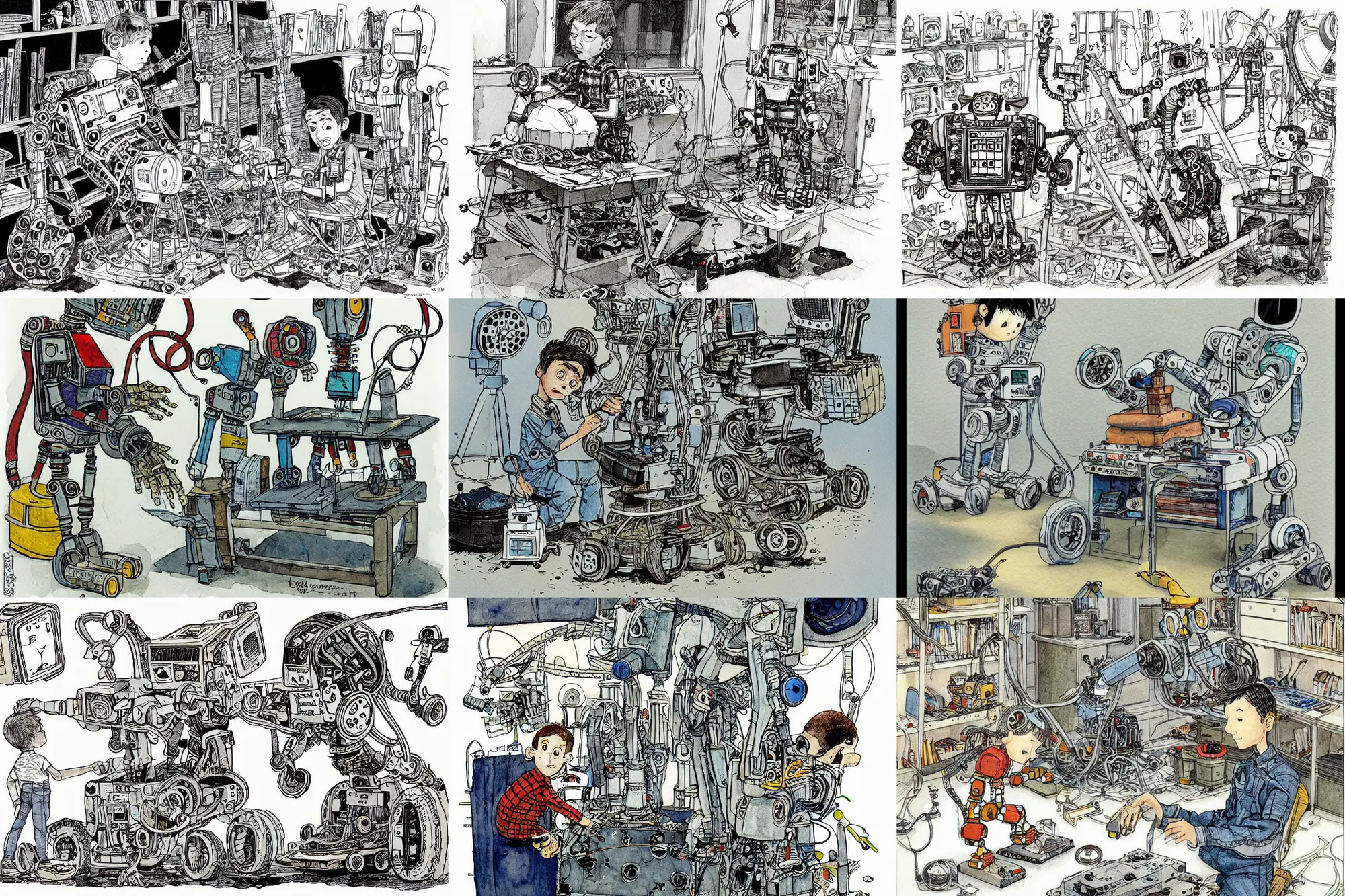 Prompt: a boy repairing his robot, ink and watercolor illustration, by Craig Thompson, by Mattias Adolfsson,