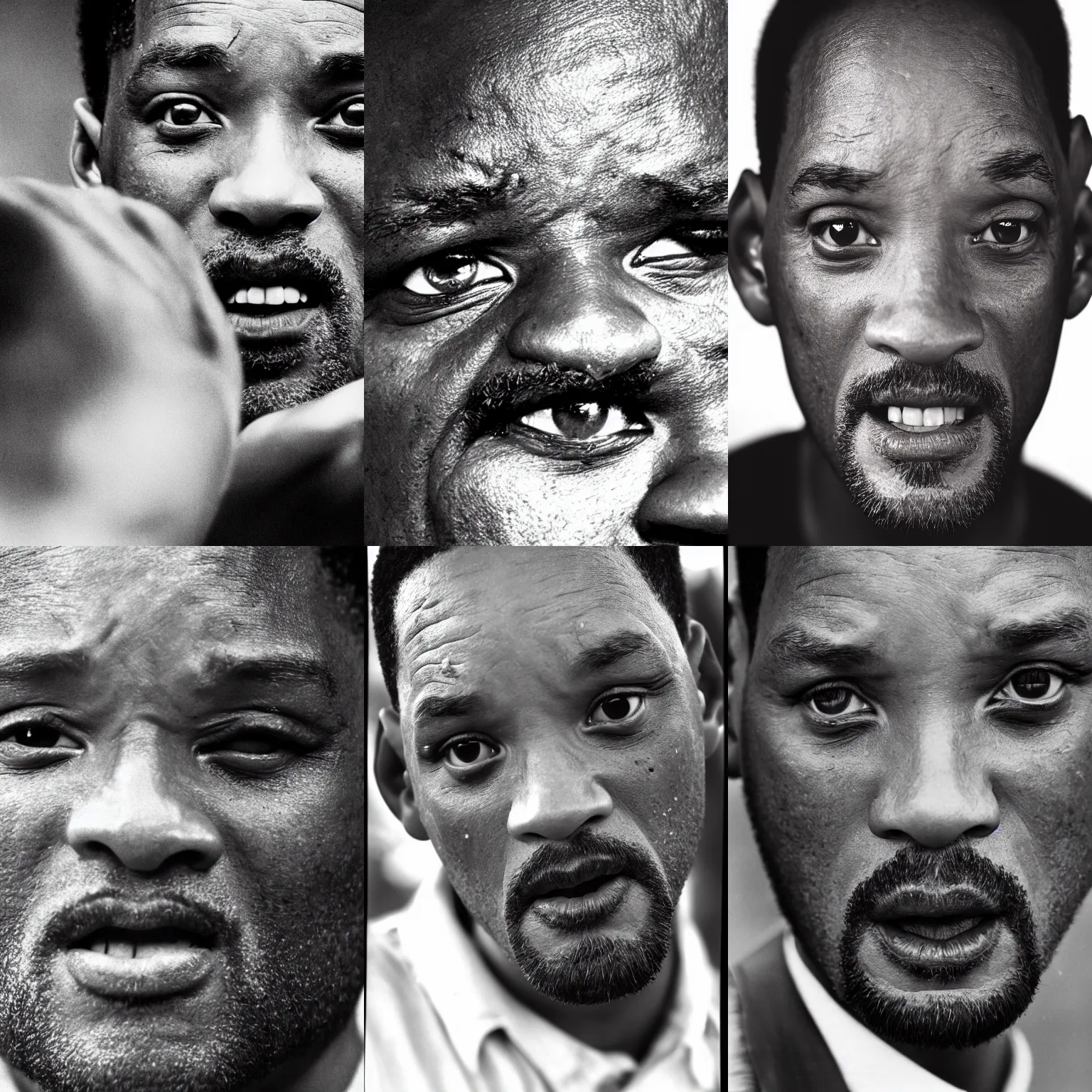 Prompt: close-up portrait of Will Smith with tears in his eyes, photograph by Sebastião Salgado, film photography, black and white, high contrast, very detailed, sad, melancholi