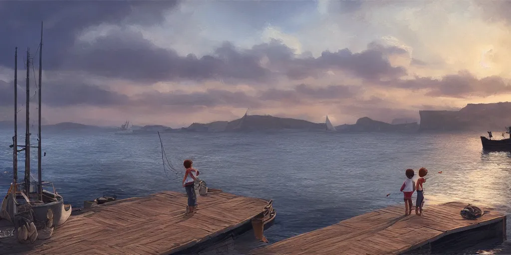 Image similar to wood dock, child at edge of dock, big fishing boat next to the dock with waving sailors. low angle, sunrise, a mediterranean phoenician fishing village in the distance, chalk cliffs above, highly detailed, digital painting, artstation, concept art, sharp focus, illustration, art by artgerm and raphael lacoste and magali villeneuve