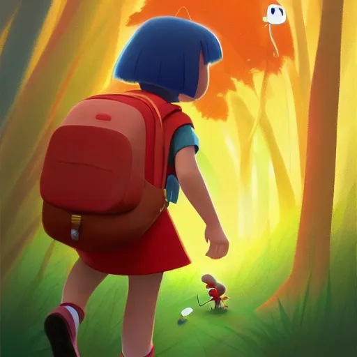 Prompt: goro fujita ilustration dora the explorer in a red dress and backpack, short hair, walking through the woods picking mushrooms, painting by goro fujita, sharp focus, highly detailed, artstation