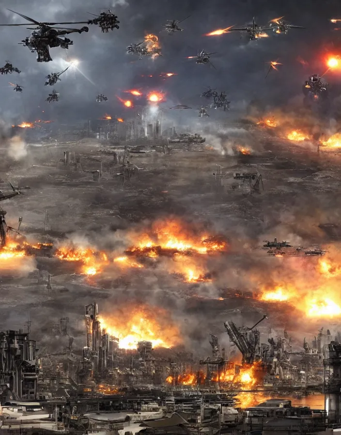 Image similar to giant robotic aliens attacking city, people watch from oil rig platform they have fled the city and watch as it burns, helicopters and fighter jets flying by shooting at the giant robotic aliens, clone army destroying humans in the city, humans vs the robots, in the style of terminator salvation