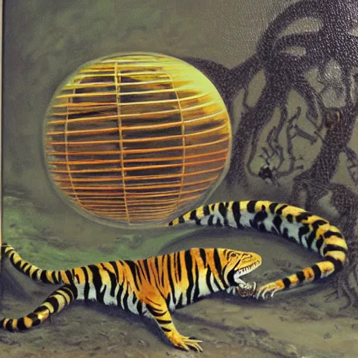 Prompt: suppose those damnable man - lizards always watch and guard it, a peter bollinger oil deranged oil painting, the hatching sphere birthed a tiger