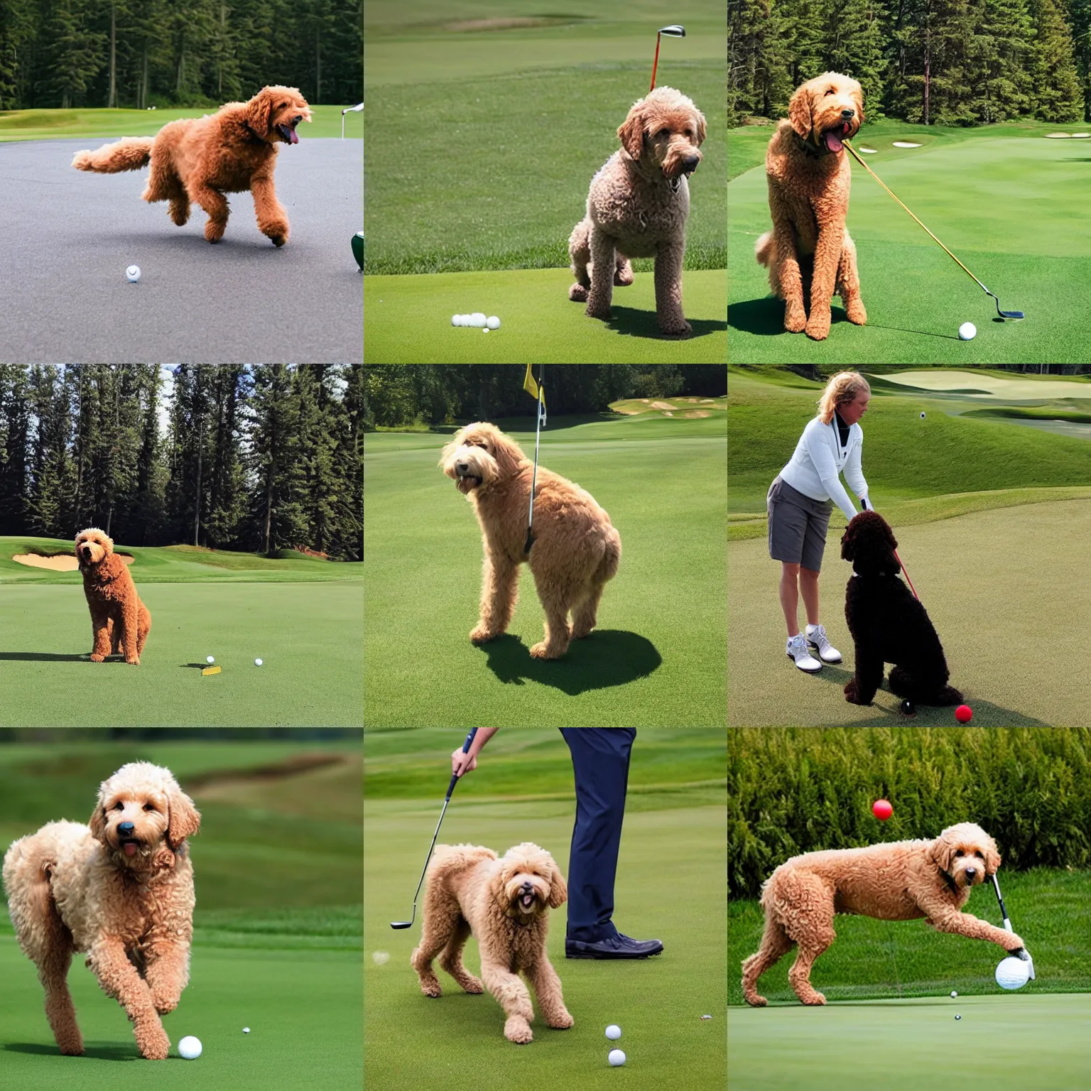 Prompt: A Golden Labradoodle playing golf in Canada