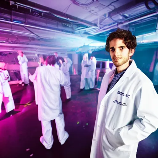 Prompt: a scientist in a lab coat at a rave