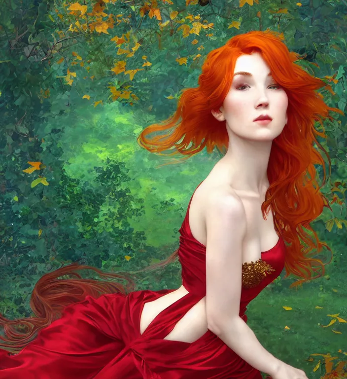 Image similar to portrait of a red haired woman wearing a green satin dress with fine gold filigree, autumn leaves falling, dramatic volumetric lighting, god rays, global illumination, soft, sharp focus, ivy, masterpiece, moss, trending on artstation, concept art by artgerm and Alphonse Mucha and Ryan Lang