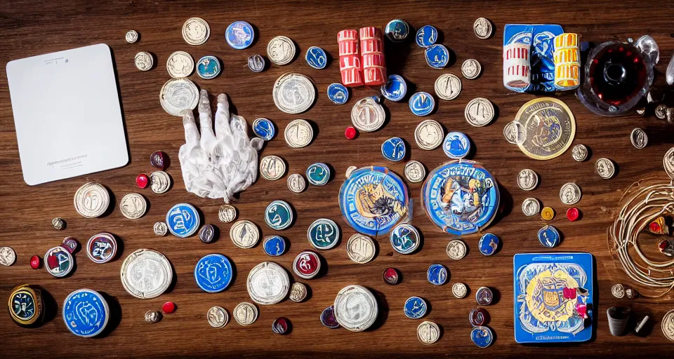 Prompt: a knolling of magicians props, wands, linking rings, playing cards, coins, cups and balls, overhead view, flatlay