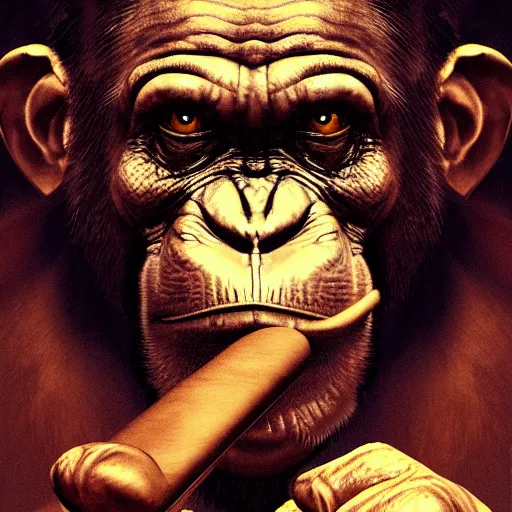 Image similar to a chimp wearing a suit smoking a cigar, dramatic lighting, cinematic, establishing shot, extremly high detail, photorealistic, cinematic lighting, artstation, style by James Gurney