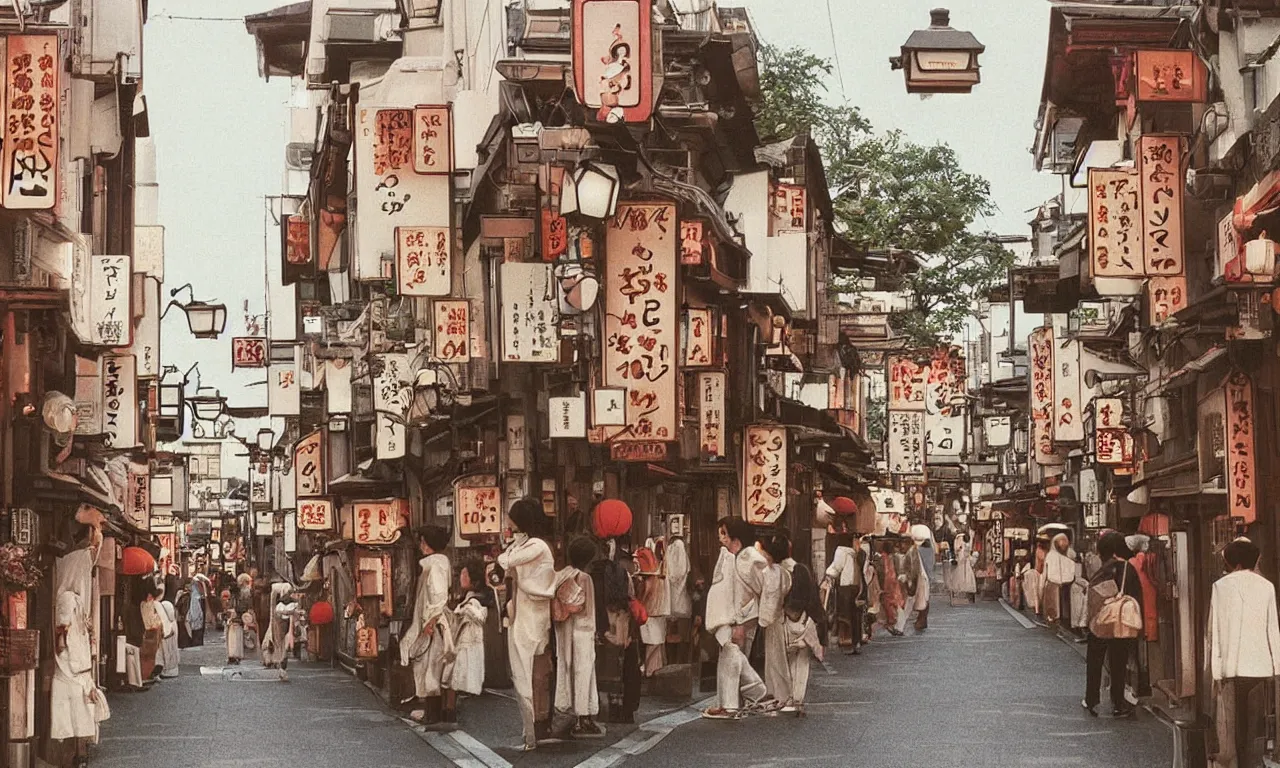 Image similar to A film still from a 1990s Ghibili movie of a dreamy cute street in Kyoto Japan, by Studio Ghibili