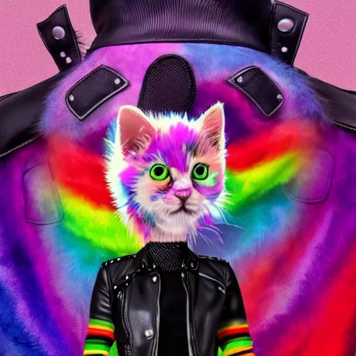 Image similar to wide angle full body, jacket wearing fluffy cute rainbow kitten wearing a black leather motorcycle jacket, cinematic concept art