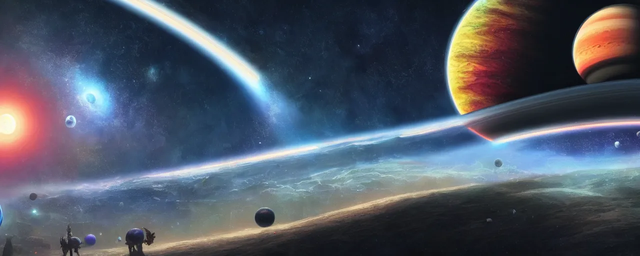 Prompt: ” outer solarsystem with ring planets, [ cinematic, detailed, epic, widescreen, opening, establishing, mattepainting, photorealistic, 4 k, octane render, art by paul lehr ] ”
