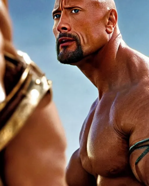 Prompt: film still close up shot of dwayne johnson as maximus from the movie gladiator. photographic, photography