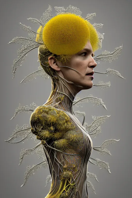 Prompt: intricate hyper detailed ultra sharp 3 d render of a witch profile portrait, 1 5 0 mm art nouveau, haute couture alexander mcqueen leaves stems dahlia transparent fractal dandelion yellow pistil filigree roots, intricate details, anatomical, flesh ornate, facial muscles, cable wires, elegant, hyper realistic, ultra detailed, octane render, volumetric cinematic lighting, 8 k post - production