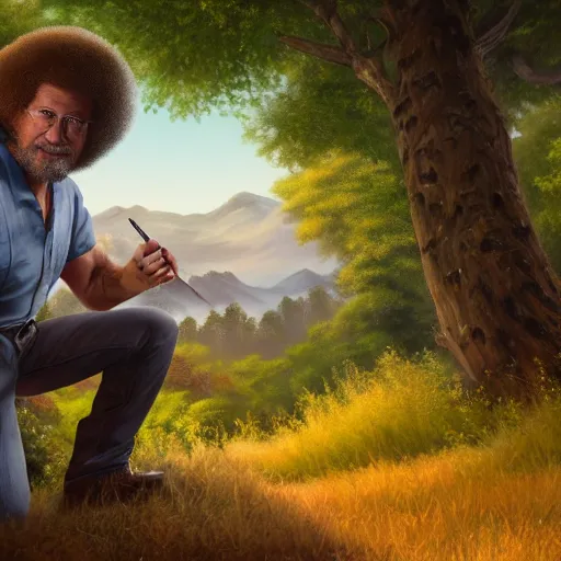 Prompt: a closeup photorealistic photograph of bob ross diligently completing a canvas painting with iron man on the canvas. mountains and trees. film still. brightly lit scene. this 4 k hd image is trending on artstation, featured on behance, well - rendered, extra crisp, features intricate detail, epic composition and the style of unreal engine.