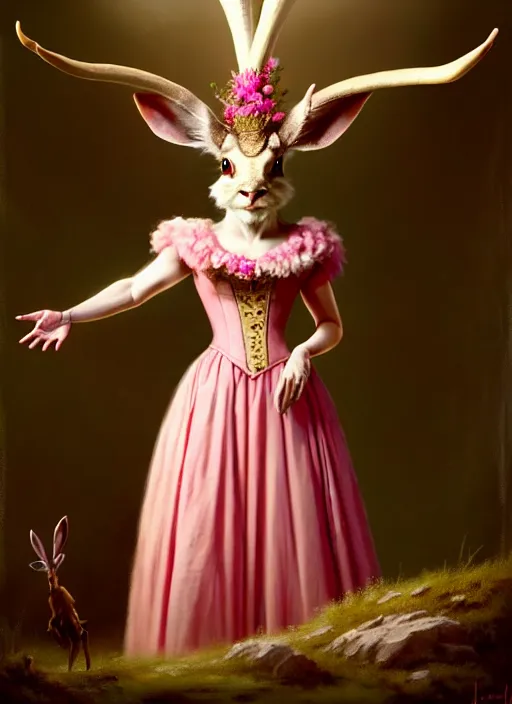 Prompt: a beautiful closeup shot from a fantasy film of a humanoid jackalope wearing a pink ballgown, anthropomorphic jackalope, full body portrait, joseph ducreux, greg rutkowski.