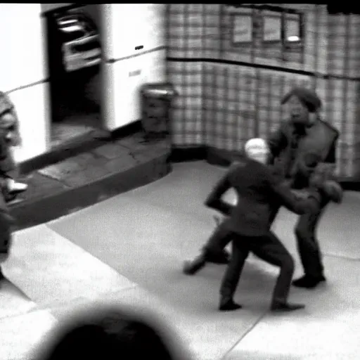 Prompt: B&W cctv footage of Grimace attacking Ronald