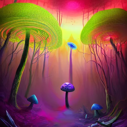 Prompt: psychedelic forest with large mushrooms, mystical, digital art, elegant, rich colors, artstation, shaman n - 9