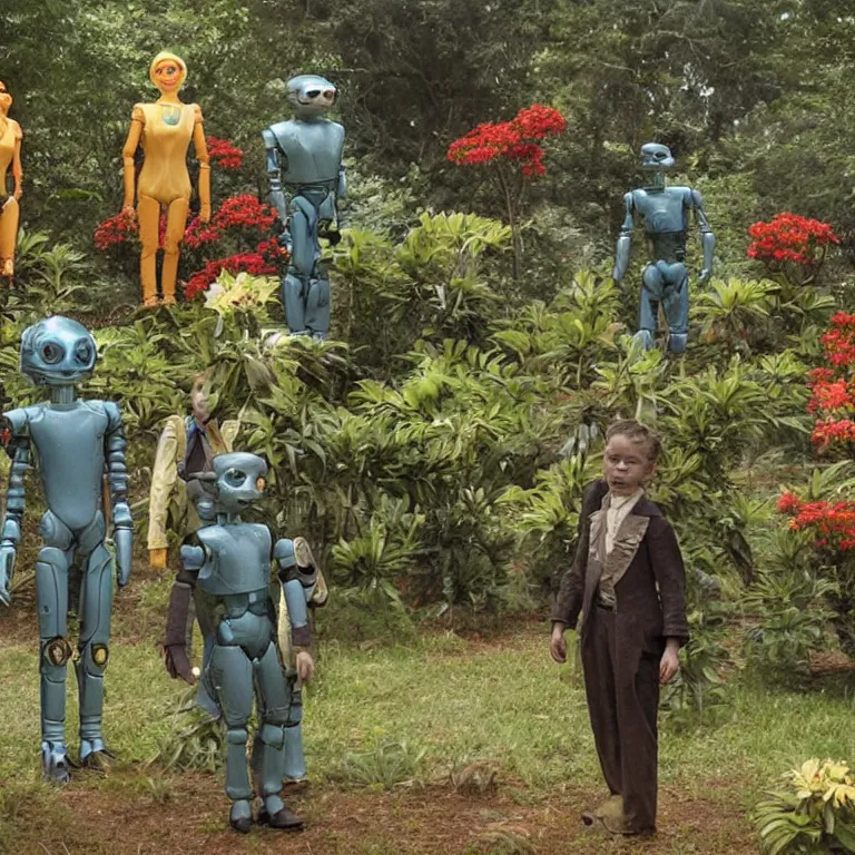 Image similar to 140mm film still from a sci fi blockbuster color movie made in 2019, set in 1860, of a human family standing in a park, next to some alien plants and flowers, their cute humanoid robot is standing next to them, on an alien planet, the family are all wearing 1850s era clothes, good lighting, good photography