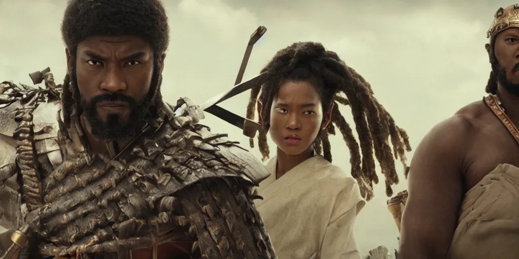 Image similar to a film still of a black man starring in a japanese blockbuster film as san ancient samurai, shallow depth of field, cinematic, award winning cgi, vfx, film still