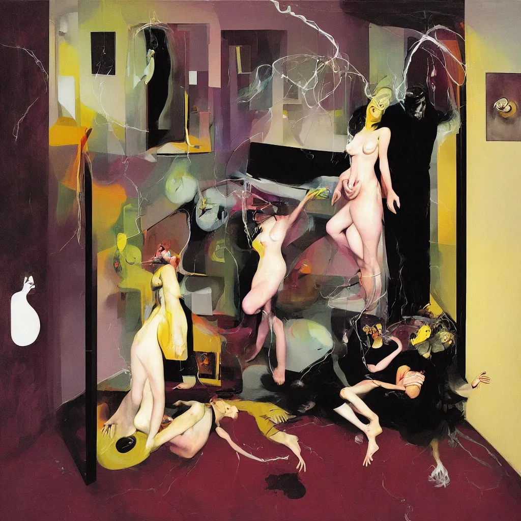 Image similar to Man and woman attached as one by love in a living room of a house, floating dark energy surrounds the middle of the room. There is an open refrigerator to the side of the room, surrounded by a background of dark cyber mystic alchemical transmutation heavenless realm, cover artwork by francis bacon and Jenny seville, part by adrian ghenie, part by jeffrey smith, part by josan gonzales, part by norman rockwell, part by phil hale, part by kim dorland, thick oil paint drip texture, muted cold colors, artstation, some pencil scribles here and there, highly detailed
