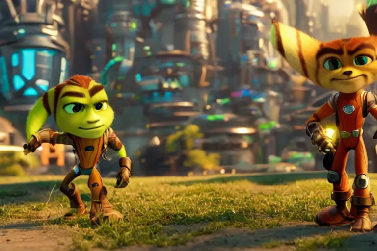 Image similar to vfx movie closeup, real life ratchet and clank by emmanuel lubezki