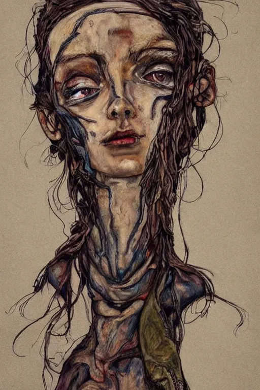 Image similar to a character in style of herakut and egon schiele, masterpiece, centered, hyperdetailed, complex, intricate, veiled, 4 k, dynamic!! trending on artstation,