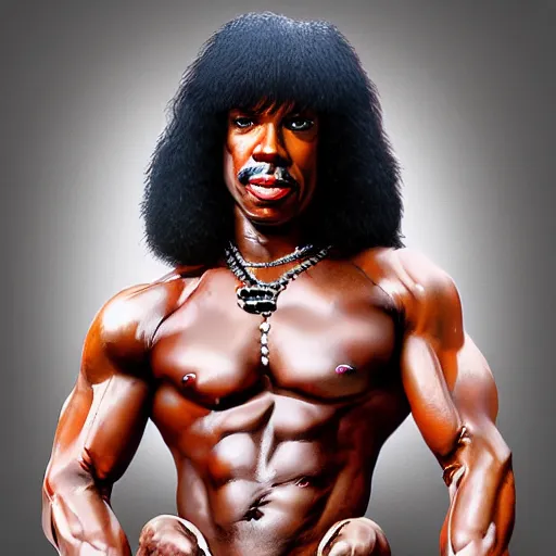 Image similar to Rick james with the physique of a body builder, hyper realistic, ultra detailed, cinematic, dynamic lighting, photorealistic, refined, intricate, digital art, digital painting, masterpiece, 8k